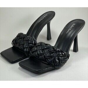 Braided Vegan Leather Square Toe Sandals 4” Womens 6/8.5/9 Black Bella Marie New